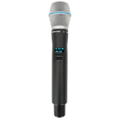 Micrófono Mano Inalámbrico EP-59H | Rango Frecuencia 470-510MHz, 540-590MHz, 640-690MHz, 807-830MHz | Potencia Salida ≥10dBm | Autonomía >10 Horas | Mute Automático por Caída | Display OLED | 7 Niveles Potencia Aju