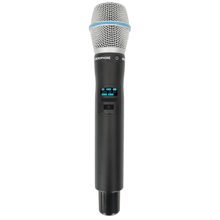 Micrófono Mano Inalámbrico EP-59H | Rango Frecuencia 470-510MHz, 540-590MHz, 640-690MHz, 807-830MHz | Potencia Salida ≥10dBm | Autonomía >10 Horas | Mute Automático por Caída | Display OLED | 7 Niveles Potencia Aju