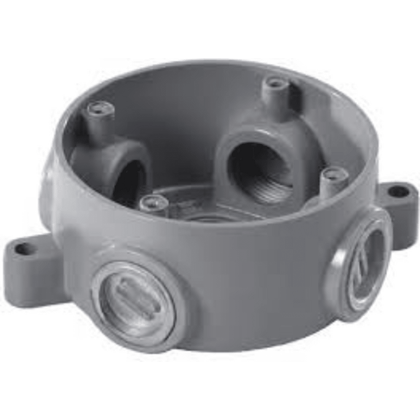 Caja Redonda Estándar sin Tapa a Prueba de Intemperie 102(4) de 3/4" (19 mm) / Con 5 salidas.