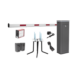 Kit COMPLETO Barrera Izquierda XBS Con Corona LED / Brazo de 5.5 Metros / Incluye Sensor de Masa, Transformador, Lazo Magnético, Ancla, Fotoceldas y 2 Controles Inalámbricos