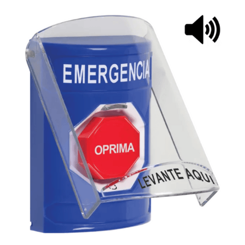 Botón Multipropósito, Color Azul, De Superficie, Con Tapa De Policarbonato, Con Bocina, Para Interior, Girar Para Restablecer, Texto De Emergencia, Español