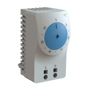 Termostato/Interruptor Para Control de Temperatura en Grados Celsius, Para Uso con Ventiladores, Con Terminales de Conexión, y Clip para Riel Din de 35 mm, Color Gris Claro