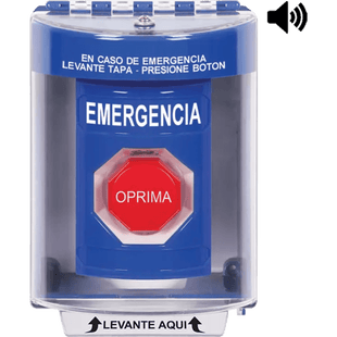 Botón Multipropósito, Color Azul, De Superficie con Espaciador, C/Tapa De Policarbonato, C/Bocina Pre Alarma, Interior/Exterior, Llave Para Restablecer, Texto De Emergencia, Español